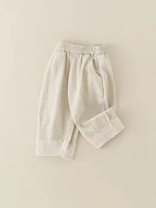Infant girl beige cotton casual pants with elastic waist and delicate lace embroidery hem
