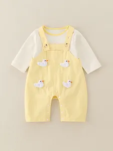 Infant girl's white cotton shirt and yellow overall set with cute 3D duck embroidery