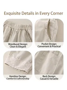 Infant cotton pants with elastic waist and lace hem decoration in beige cotton fabric