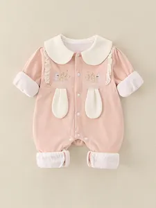 Baby Mädchen Rosa Baumwolle Strampler Peter-Pan-Kragen Langarm Jumpsuit Mit Hasen Stickerei Spitze Trim Säugling Herbst Outfit