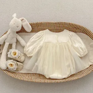 Close-up of cream long sleeve baby tulle dress set with matching lace floral shoes in basket