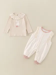 Cute baby girl floral overall set with lace trim shirt and pink rabbit embroidery