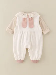 Baby girl ivory romper with pink rabbit ears and lace collar detail on back view