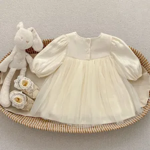Flat lay of cream toddler mesh princess dress with bow detail and matching lace shoes