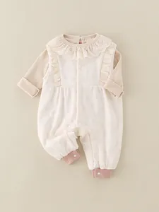 Newborn baby girl long sleeve romper with ruffled lace collar and animal prints
