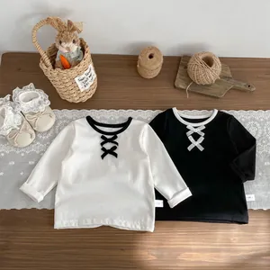 Maglietta a Maniche Lunghe in Cotone per Neonata con Girocollo a Contrasto e Fiocco Dolce Top Autunno Primavera