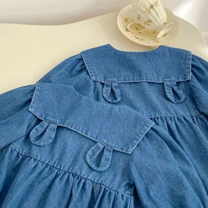 Girls dark denim dress with cute rabbit ear sailor collar and pleated hem details