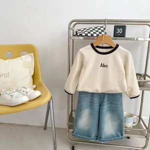 Boys Waffle Knit Long Sleeve Top With ABC Embroidery And Denim Wide Leg Pants Casual Cotton Blend Spring Clothing Set For Kids