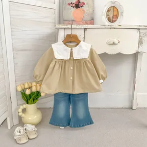 Girls khaki preppy style Peter Pan collar shirt and flared blue denim jeans two-piece set