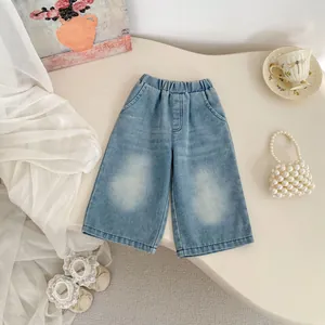 Kids wide leg denim pants in light blue wash with elastic high waist for boys and girls
