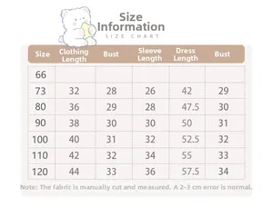 Detailed size chart for baby girls' denim pinafore dress and long sleeve shirt set