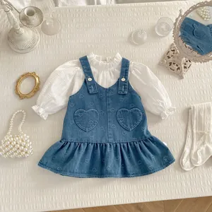Toddler Girls Sweet Heart Denim Overall Dress And White Long Sleeve Ruffled Shirt Clothes Top And Skirt Set