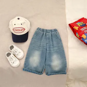 Unisex Kids Loose Wide Leg Denim Jeans Elastic Waist Light Blue Washed Cotton Straight Pants For Boys Girls H10701