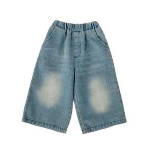Kids wide-leg light blue washed jeans with elastic waist and comfortable loose fit