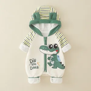 Newborn Baby Cartoon Crocodile Quilted Cotton Romper Long Sleeve Hooded Jumpsuit For Spring Autumn Infant Boys Girls Clothing