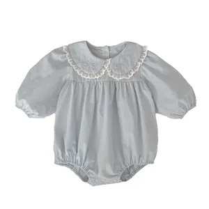 Infant long sleeve light blue bodysuit with Peter Pan lace collar and bow embroidery
