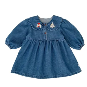 Girls dark blue denim dress with cute cartoon embroidery and Peter Pan collar
