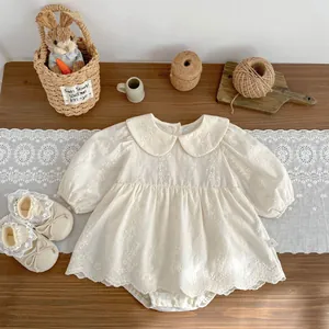 Pagliaccetto a Vestito da Neonata con Ricamo Floreale Manica Lunga Colletto Peter Pan Tuta in Puro Cotone Body Principessa Albicocca