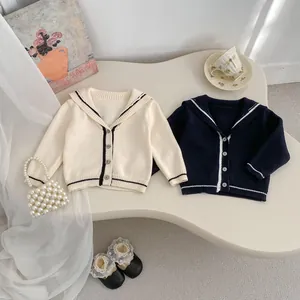 Girls' knitted navy collar cardigan sweater and striped flare pants two-piece outfit set