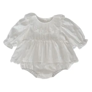 White baby girl lace collar long sleeve romper dress with delicate embroidery and layers