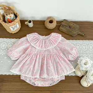 Pagliaccetto a Maniche Lunghe a Fiori per Neonata Abito con Colletto Peter Pan in Pizzo Body in Cotone Abito da Festa