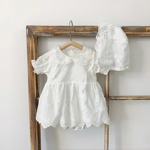Baby Girl Cotton Romper Jumpsuit And Hat White Embroidery Floral Lace Peter Pan Collar Short Sleeve Summer Clothes