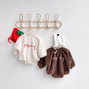 Christmas baby fleece romper with 'Merry' embroidery in cream and dark brown colors