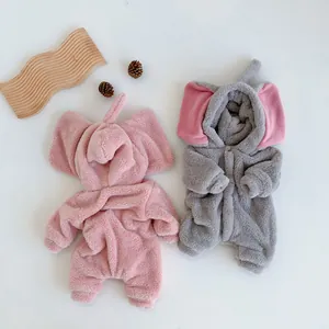 Thick plush elephant baby romper with cute hood for winter warmth in pink and grey