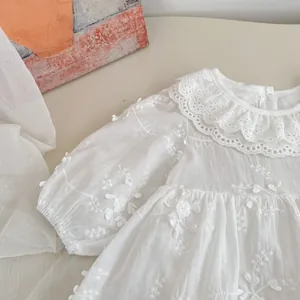 White baby girl floral embroidery dress with delicate hollow lace Peter Pan collar
