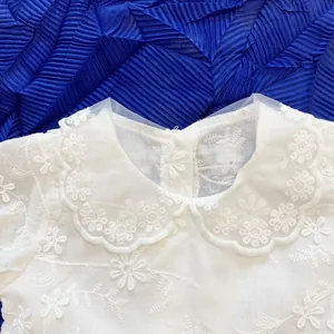 Baby girl white cotton romper dress with daisy embroidered scalloped Peter Pan collar