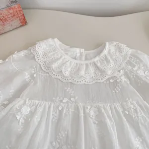 Macro detail of baby girl white princess dress with lace collar and floral embroidery