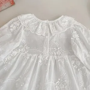 Detailed close-up of baby girl floral embroidery and delicate lace collar on white dress