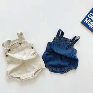 Baby Cotton Denim Suspender Romper And Striped Short Sleeve T-Shirt Jumpsuit Bodysuit Set For Toddler Boys Girls 0-3 Years