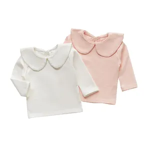Baby-T-shirts met lange mouwen van katoen met Peter Pan-kraag in wit en roze