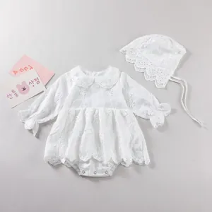 Infant Baby Girl White Lace Embroidery Romper With Matching Hat Long Sleeve Cotton Floral Bodysuit Jumpsuit For Newborn Baptism