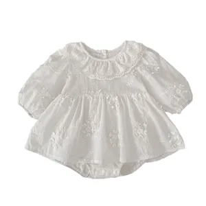 White floral embroidered baby bodysuit with lace collar and long sleeves for infants