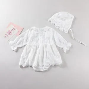 White cotton baby bodysuit with floral lace embroidery and matching ruffled sun hat