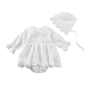 White infant long-sleeved bodysuit with floral embroidery and matching sun hat