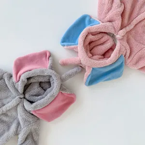 Cute hooded elephant baby romper made of thick grey and pink coral fleece for winter