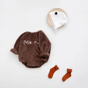 Baby brown fleece Christmas romper with Merry embroidery, white hat and orange socks