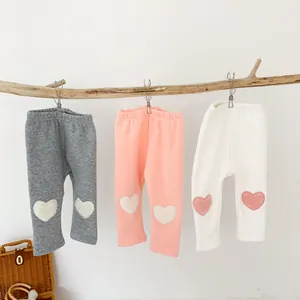 Baby Girls Winter Warm Fleece Lined Leggings Korean Style Heart Applique Cotton Blend Thickened Pants For Toddler Kids