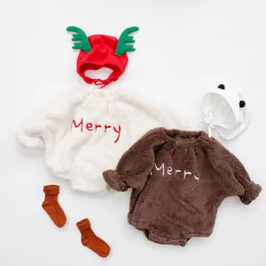 Christmas Baby Romper Hooded Fleece Long Sleeve Bodysuit With Reindeer Antler Hat For Newborn Infant Winter Warm Outfit