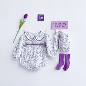Baby Girl Floral Long Sleeve Romper Set With Matching Bonnet Hat Smocking Peter Pan Collar Cotton Infant Jumpsuit Pastoral Style