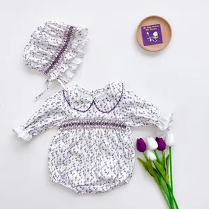 Purple floral baby long sleeve romper and smocked bonnet set in soft cotton fabric