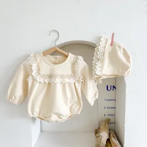 Infant long sleeve romper with matching lace bonnet in elegant cream white color