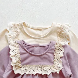 Long-sleeve cotton baby rompers in beige and lavender with vintage lace collar detail