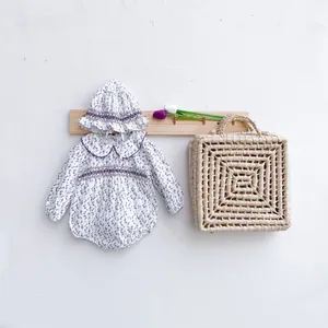 Floral baby girl long sleeve romper set with matching hat and purple embroidery