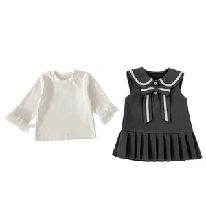 Conjunto de dos piezas para niña con chaleco con lazo y falda plisada preppy
