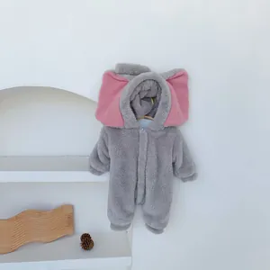 Detail of plush gray elephant baby romper with pink ears and soft warm fleece texture