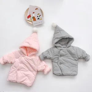 Fleece-lined winter baby hooded jackets in pink and grey with cute pom-poms